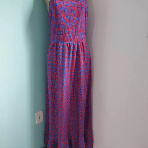 vestido feminino longo azul e vermelho