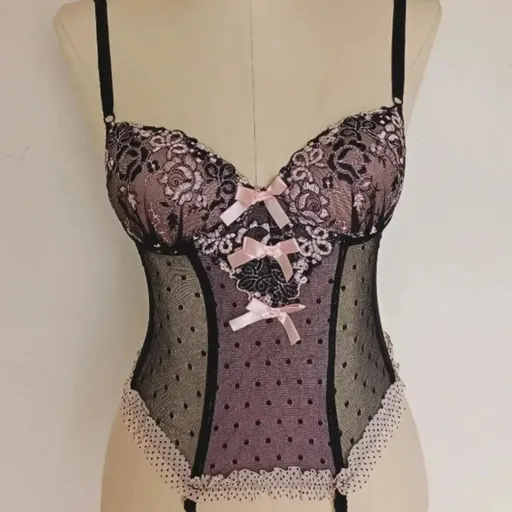 corset rendado rosa com tule poá
