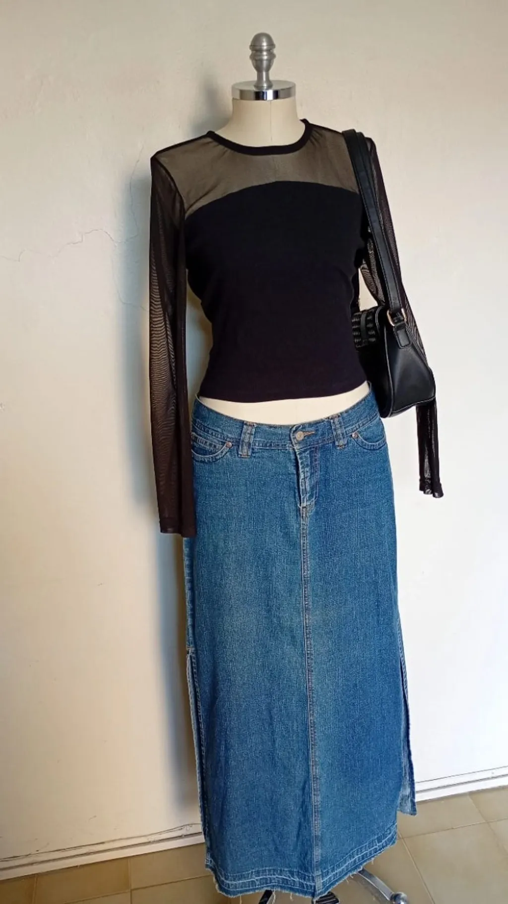 Saia Midi jeans retrô 2yk estilo vintage com fendas laterais tam