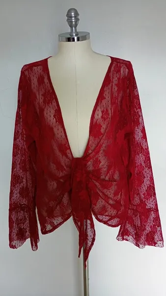 Cardigan sobreposição de renda vermelha tamanho G