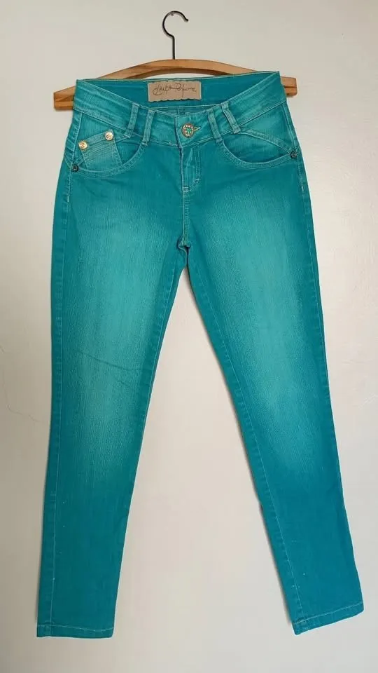 Calça jeans Lança Perfume verde turquesa tamanho 36