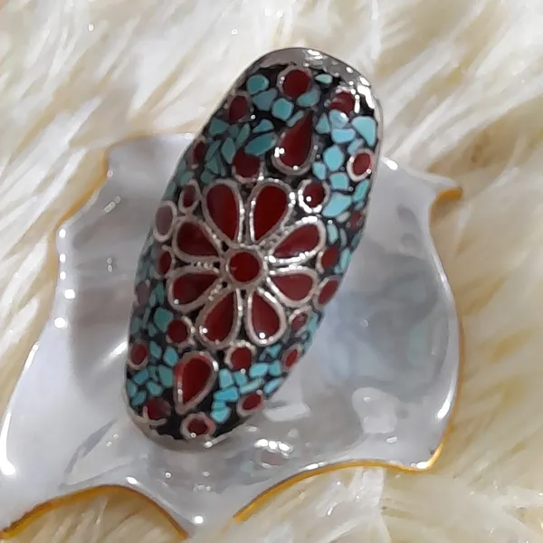 maxi anel bijuteria prateado esmaltado e turquesa aro 17