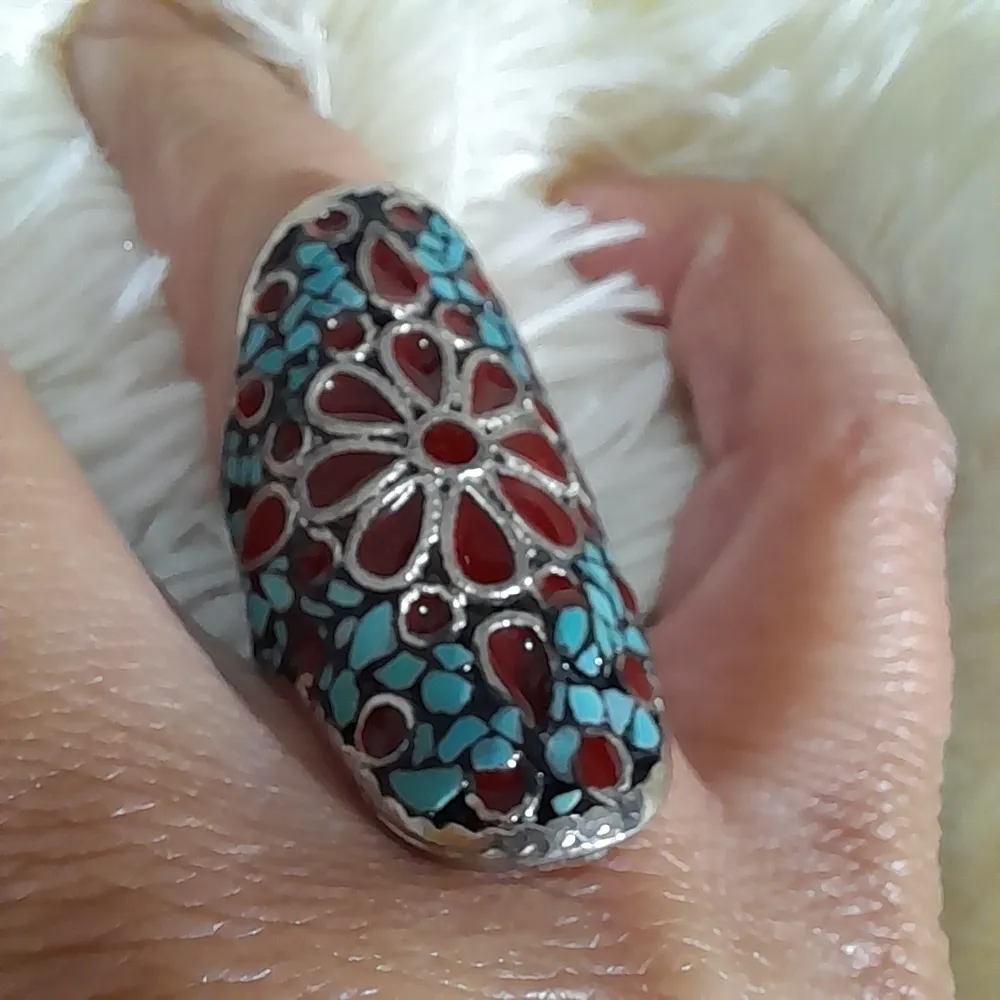 maxi anel bijuteria prateado esmaltado e turquesa aro 17