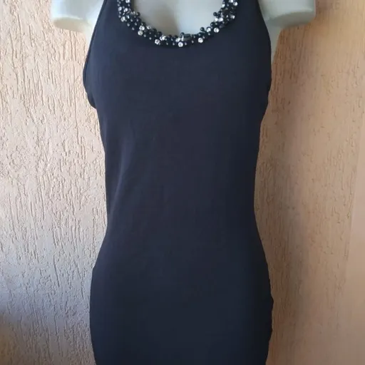 Vestido Curto Preto Pedraria e Tule Costas Tam G ✨