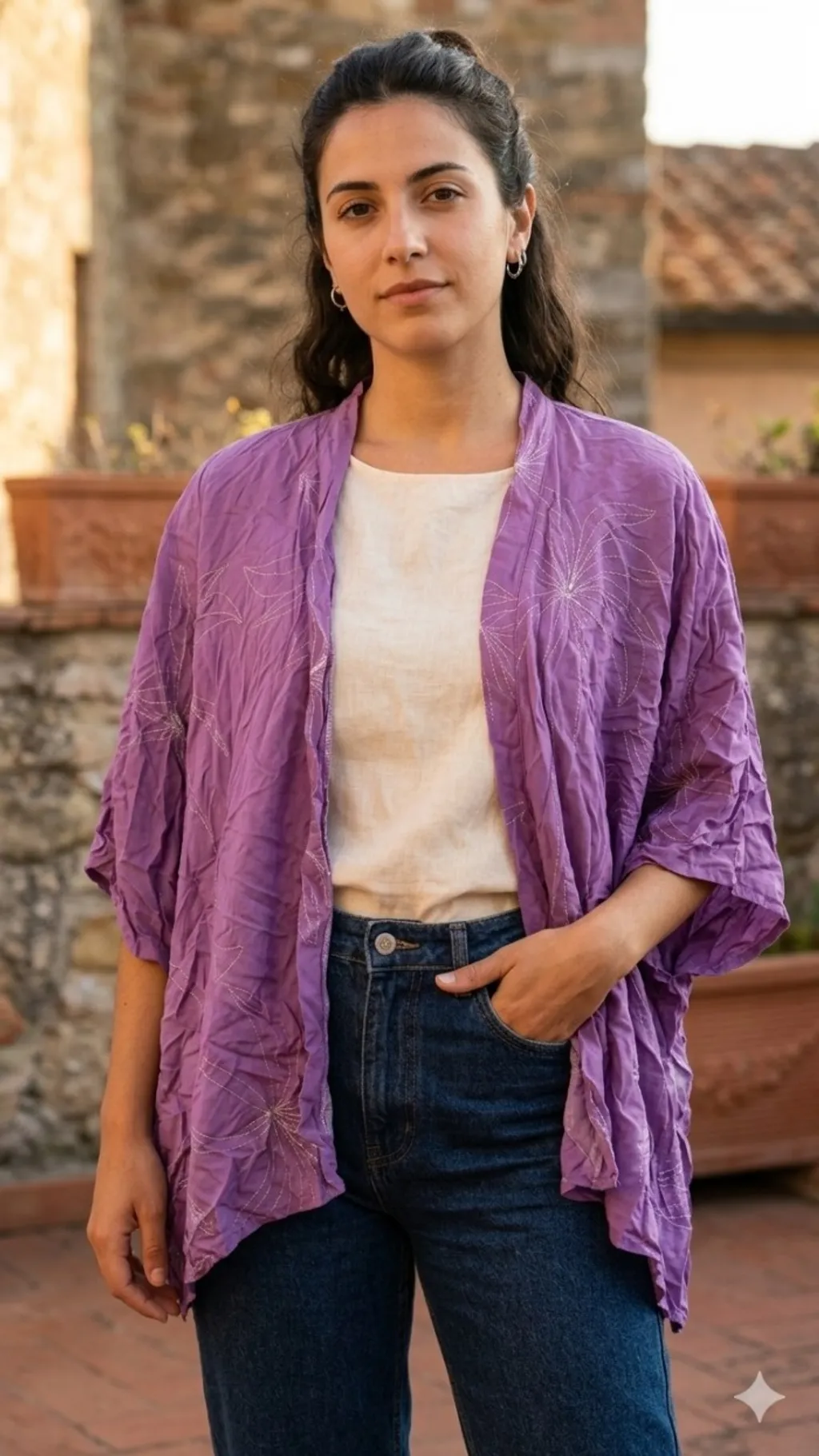 Kimono Feminino Lilás Bordado Modelagem Ampla Tamanho G No