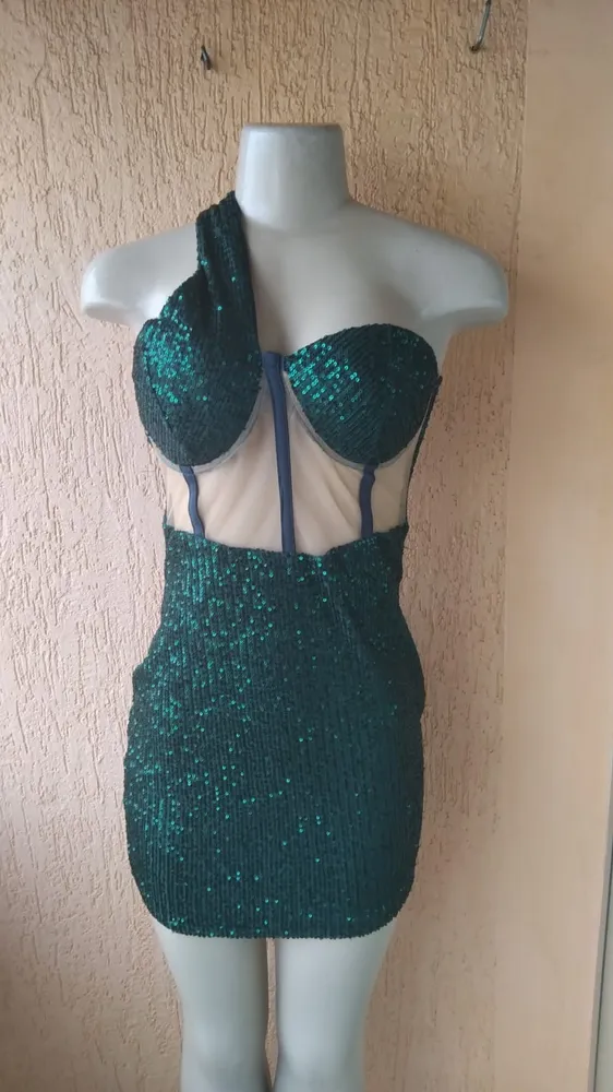 Vestido Curto Paetê Verde Com Tule Um Ombro Só Tam G