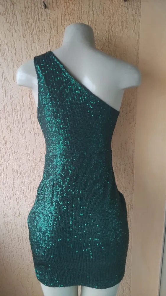 Vestido Curto Paetê Verde Com Tule  Um Ombro Só  Tam G