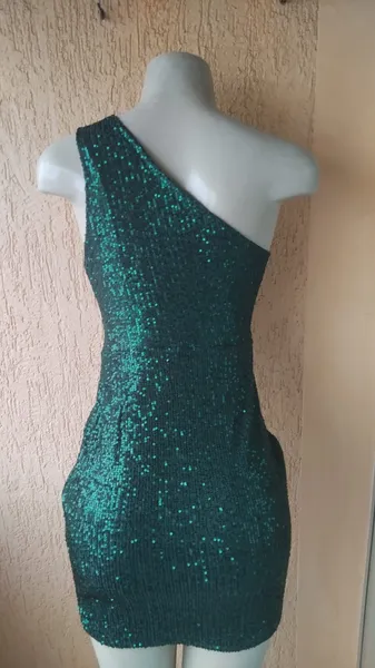 Vestido Curto Paetê Verde Com Tule  Um Ombro Só  Tam G