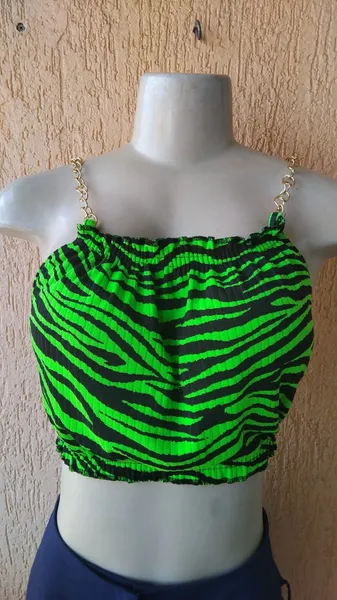 Cropped Feminino Zebra Neon Com Bojo e Alça de Corrente Novo