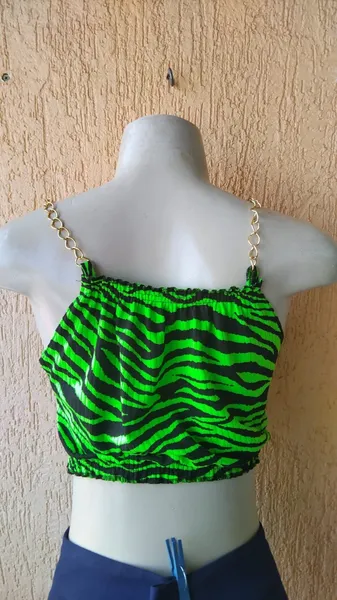 Cropped Feminino Zebra Neon Com Bojo e Alça de Corrente Novo