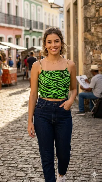 Cropped Feminino Zebra Neon Com Bojo e Alça de Corrente Novo
