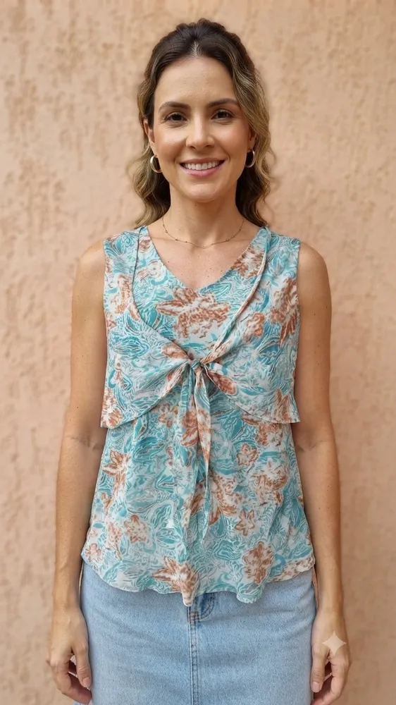 Blusinha Feminina Estampada em Voal com Amarração Tamanho G