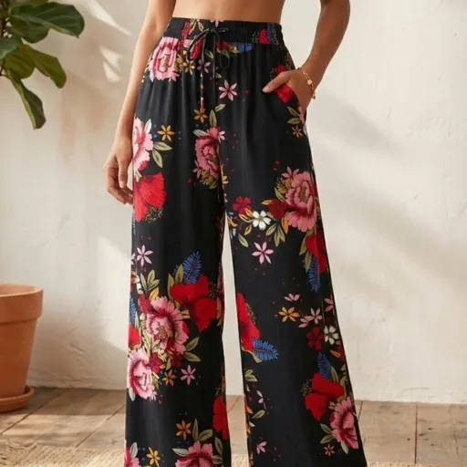 Calça preta viscose estampada