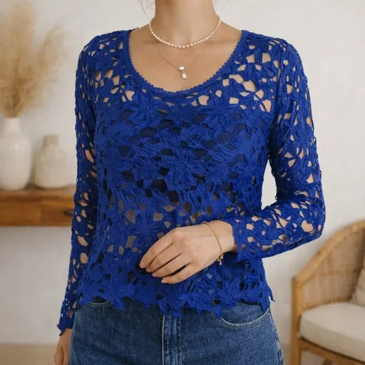 blusa azul renda guipir