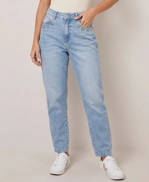 Jeans Mom Claro com Bordado Floral - Tam 36
