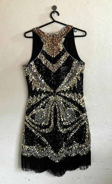 Vestido Paetê com Franjas Preto/Dourado - P