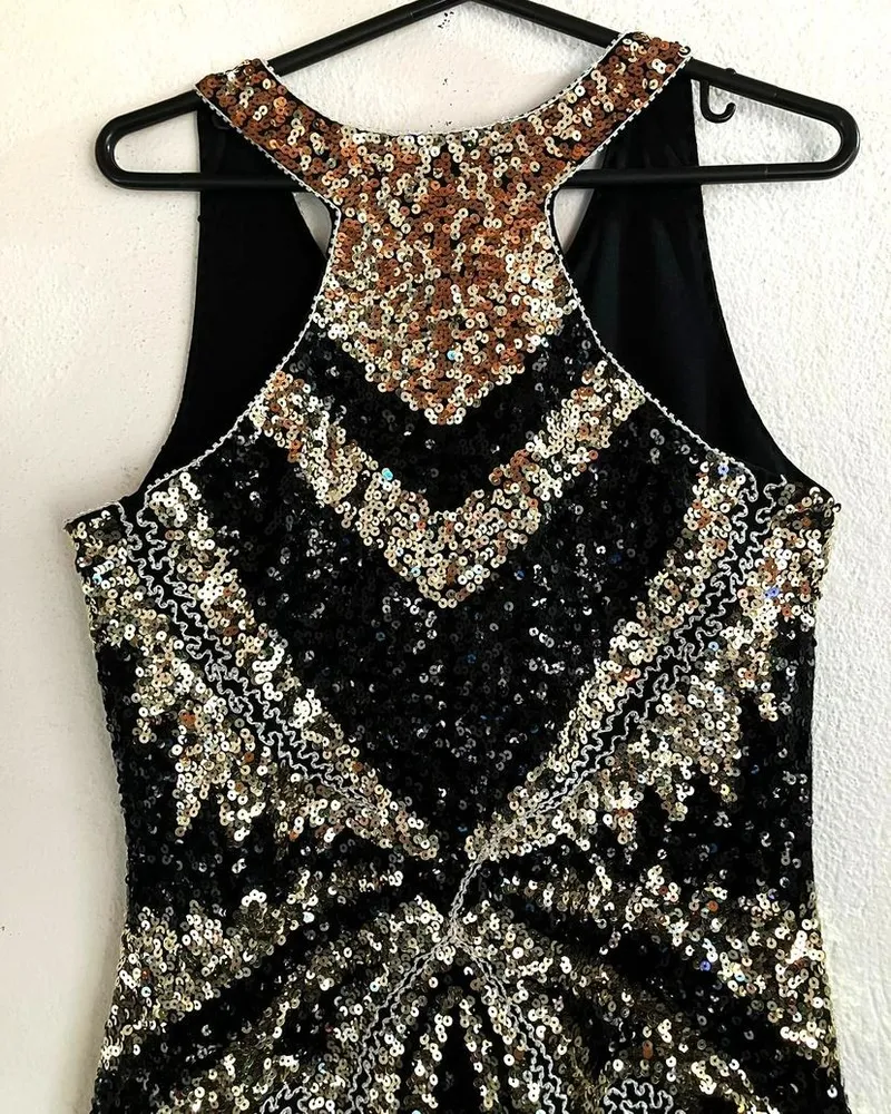 Vestido Paetê com Franjas Preto/Dourado - P
