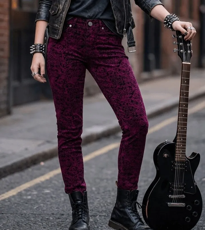 Calça Skinny Jacquard Vinho e Preta - 38