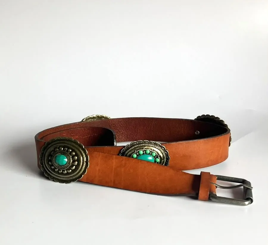 Cinto Estilo Boho Couro Legítimo Caramelo & Turquesa