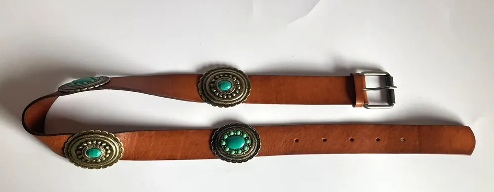 Cinto Estilo Boho Couro Legítimo Caramelo & Turquesa