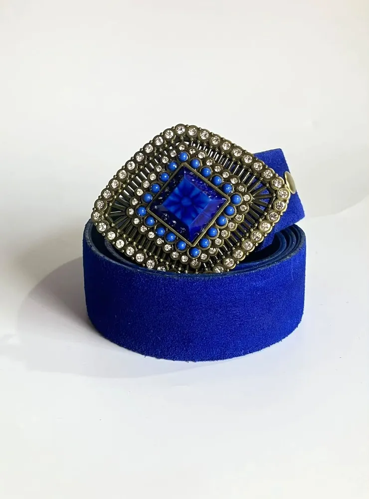 Cinto Suede Azul Royal Fivela Boho Strass