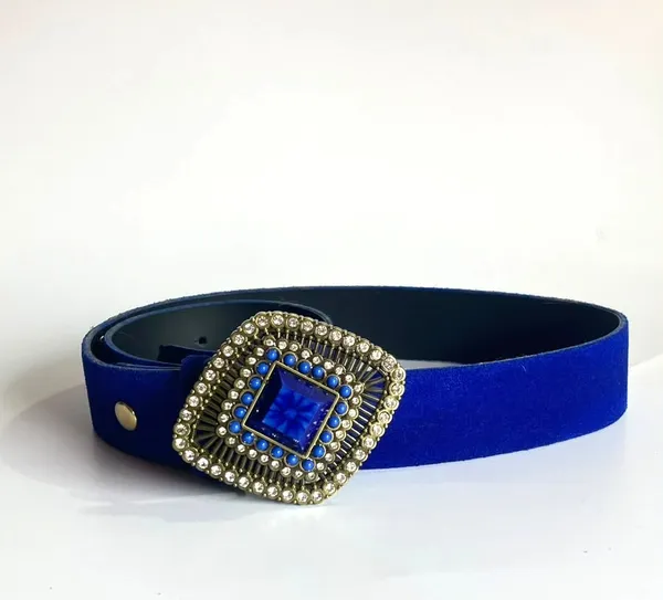 Cinto Suede Azul Royal Fivela Boho Strass