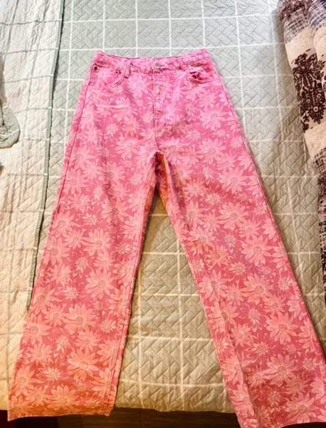 calça zara wide leg rosa floral em algodão 36-38