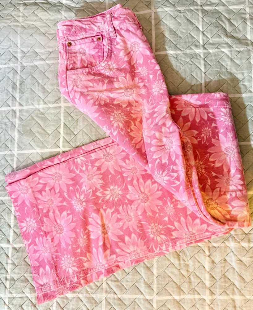calça zara wide leg rosa floral em algodão 36-38