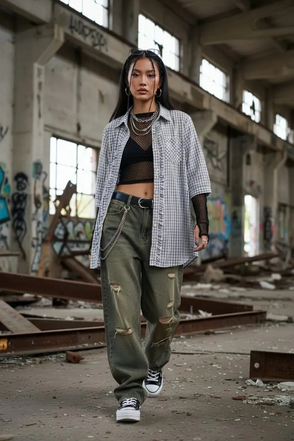 Camisa xadrez feminina cinza com preto