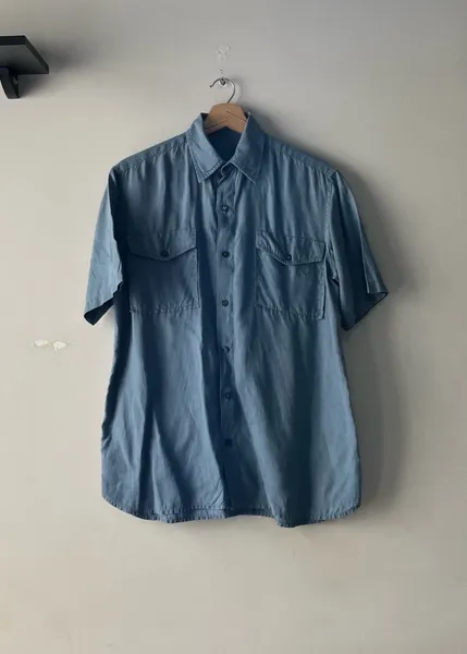 camisa manga curta linho azul tam m