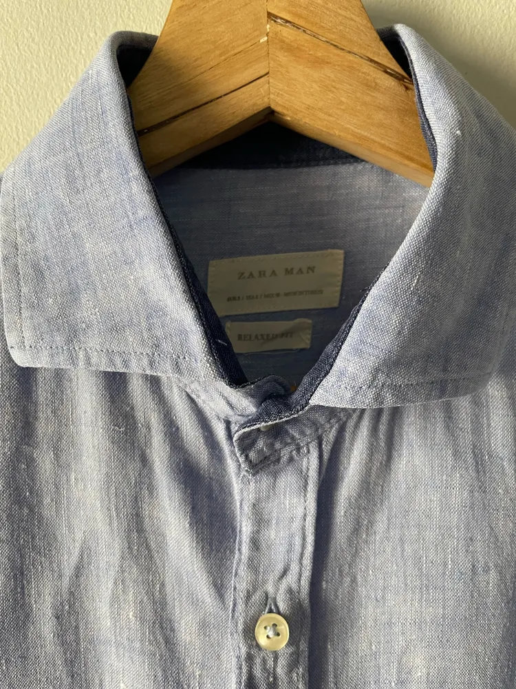 camisa zara man linho puro azul tamanho 38