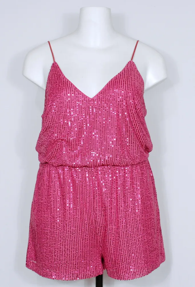 Macaquinho feminino paetês rosa plus size -Ref. 5683