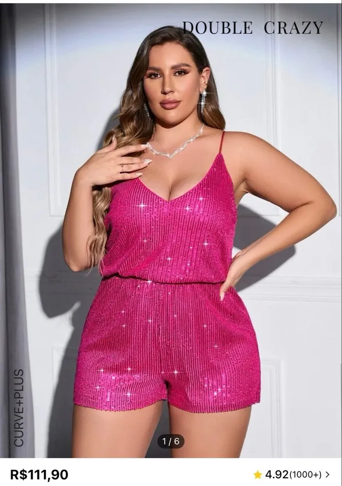 Macaquinho feminino paetês rosa plus size -Ref. 5683
