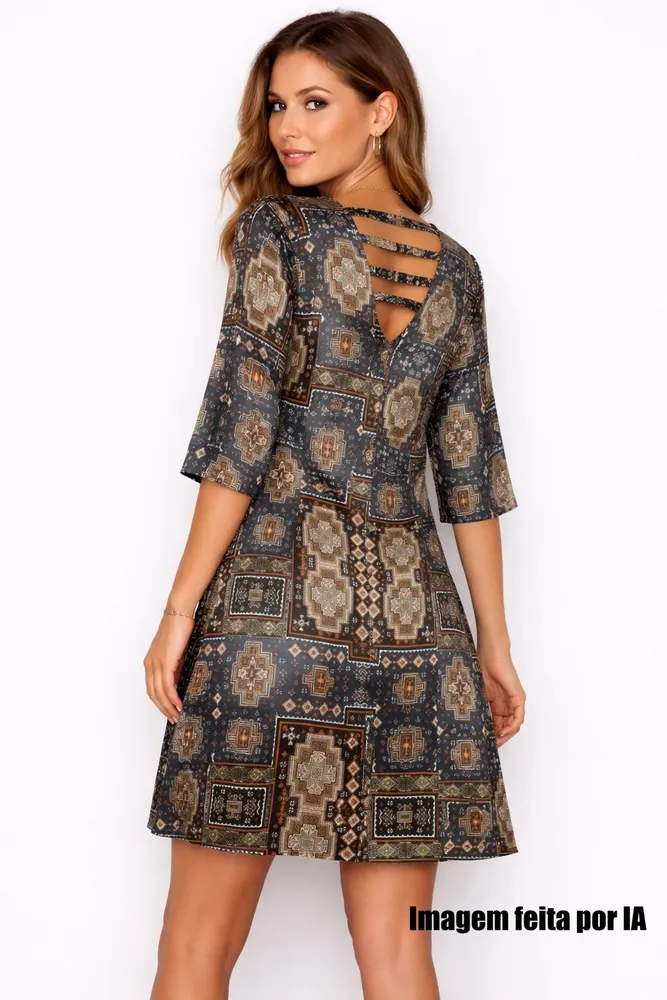 Vestido cetim estampado azul marinho - Ref. 5569