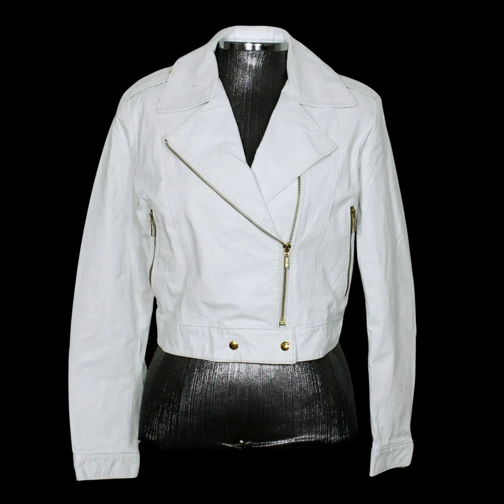 Jaqueta biker branca couro legítimo cropped - Ref. 6044