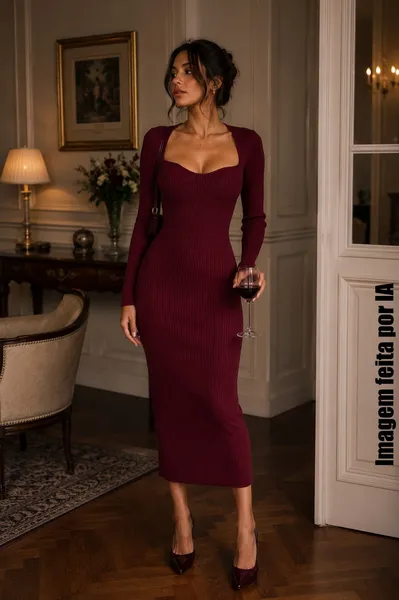 Vestido justo tricot modal midi marsala - Ref. 6071