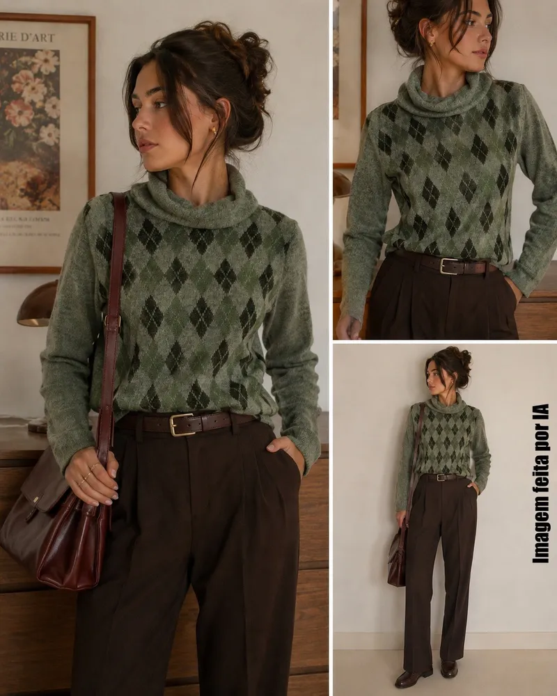 Blusa feminina tricot lã verde losango vintage Ref. 6063