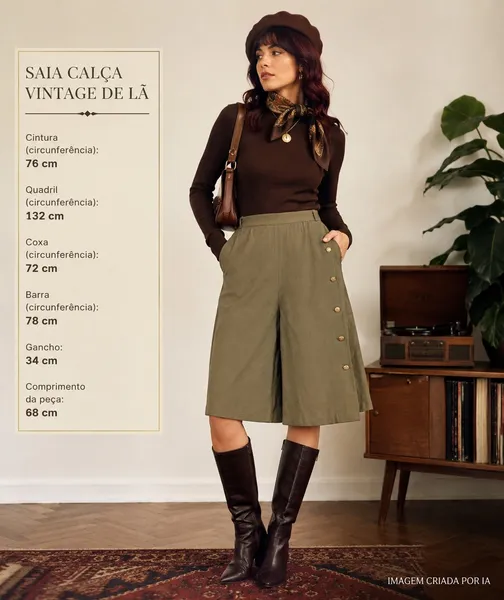 Saia calça pantacourt lã vintage bege capri - Ref. 5987