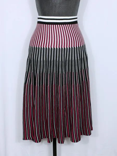 Saia midi godê listrada tricot modal preto e rosa Ref, 6241