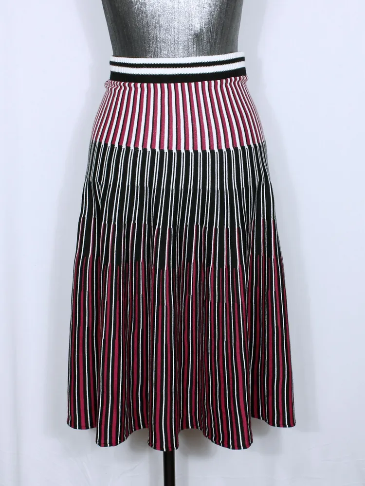 Saia midi godê listrada tricot modal preto e rosa Ref, 6241