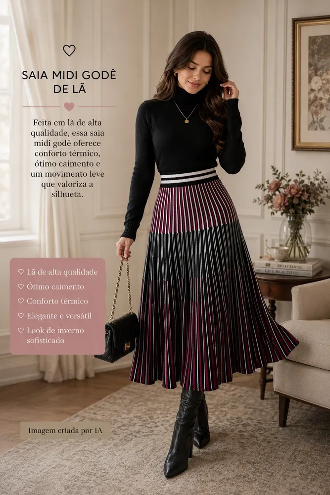 Saia midi godê listrada tricot modal preto e rosa Ref, 6241