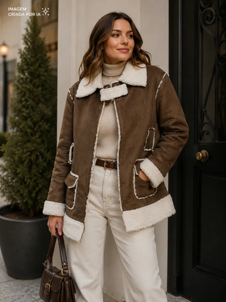 Casaco alongado suede e sherpa Ref. 6227