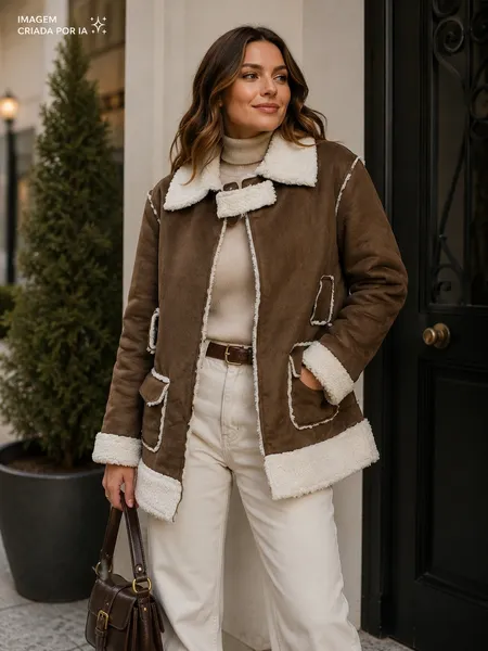 Casaco alongado suede e sherpa Ref. 6227