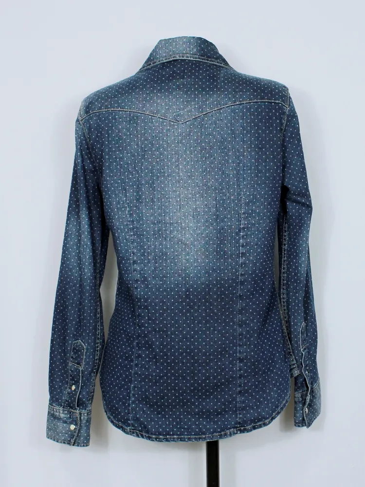 Camisa casual feminina jeans bolinhas poá - Ref. 6114