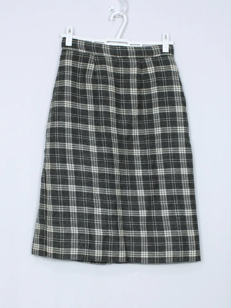 Saia lã batida vintage xadrez cinza lápis - Ref. 6250