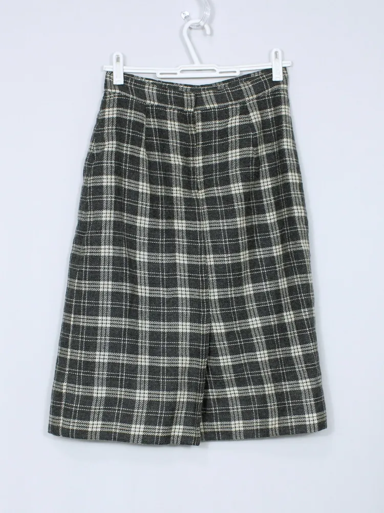 Saia lã batida vintage xadrez cinza  lápis - Ref. 6250