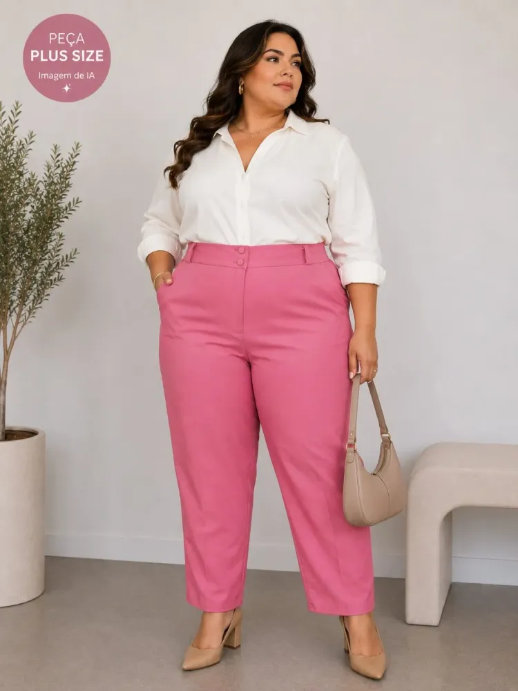 Calça social reta afunilada rosa plus size - Ref. 5769