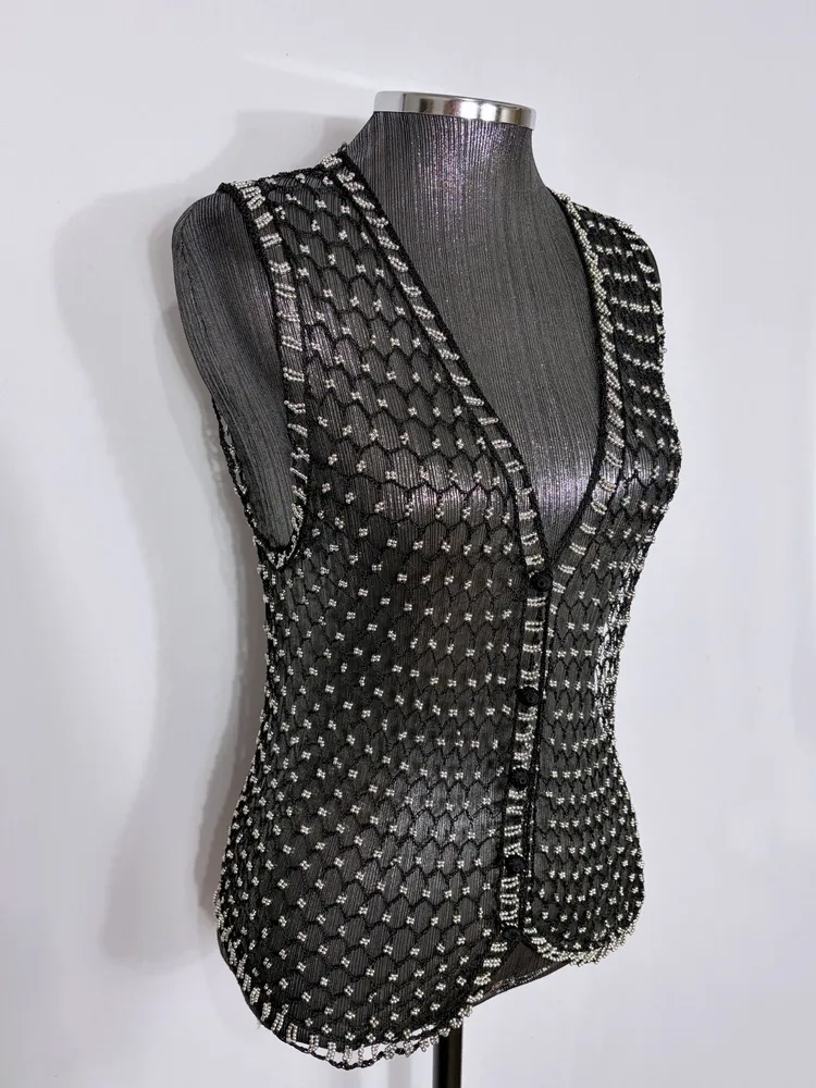 Colete tricot e pedraria prata Y2K glam festival - Ref. 6295