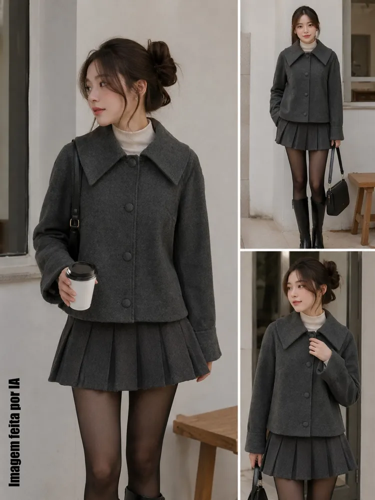 Blazer feminino lã batida k-pop cinza - Veste M - Ref. 6136