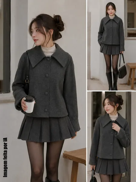 Blazer feminino lã batida k-pop cinza - Veste M - Ref. 6136